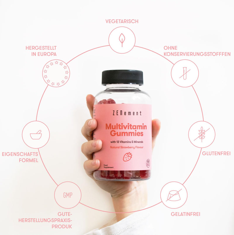 [Australia] - Multivitamin gummy bears for children, 120 pieces | Gummies with 13 vitamins and minerals (vitamin C, D3, biotin, folic acid, zinc & more) | Strawberry flavored | Zenement 