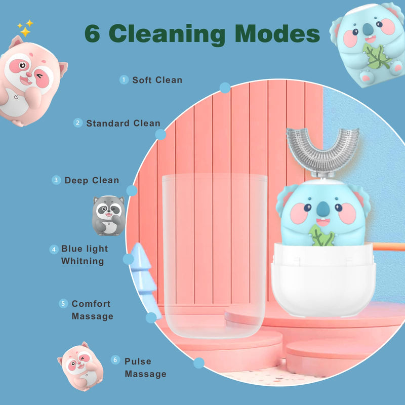 [Australia] - Kids Electric Toothbrush, U Shaped Toothbrush Kids Sonic Automatic Brush with 4 Brush Heads 6 Cleaning Modes IPX7 Waterproof Rechargeable Smart Timer for Children (Ages 8-14, Koala Cyan) Koala (Ages 8-14) 