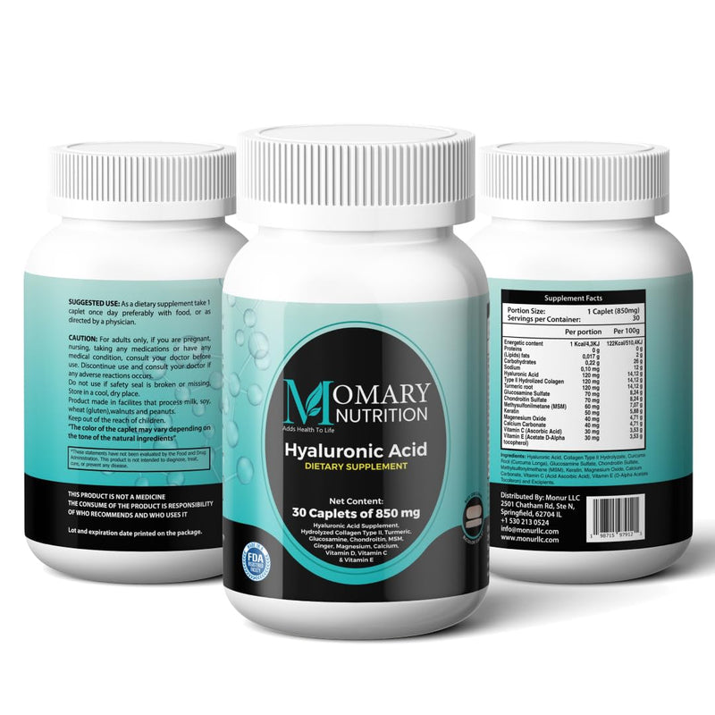 [Australia] - Hyaluronic Acid Supplement, Natural Skin Hydration, Advanced Joint Support and Mobility Booster, Type II Hydrolyzed Collagen, Turmeric, Glucosamine, Chondroitin, 30Caplets 850Mg 