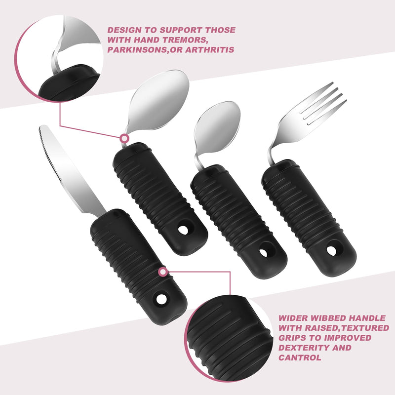 [Australia] - Adaptive Utensils,Easy Grip Silverware,Built Up Bendable Fork,Teaspoon,Tablespoon and Knife for Elderly,Hand Tremors,Arthritis and Parkinson's Patients,4 Piece Set 