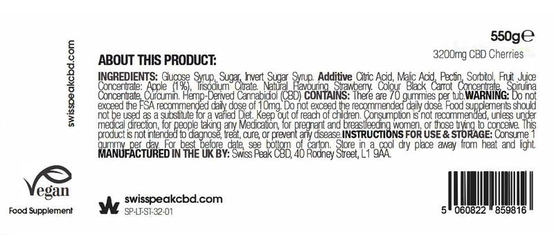 Swiss Peak, High-Strength 3200mg CBD Cherry Flavoured Gummies, 70 Gummies Per Tub, Non-GMO, All Natural & No THC, Vegan, Gluten-Free | UK-Made