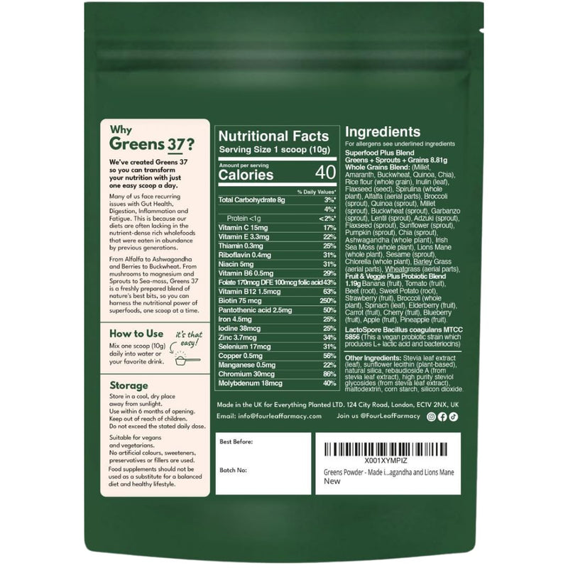 Greens Powder - Made in UK with 37 superfoods - 300g High Dosage Servings - Vegan Gluten Free Greens Powder- Daily Vitamins, probiotics for Gut Health - with KSM-66® Ashwagandha and Lions Mane Original Blend 300 g (Pack of 1)