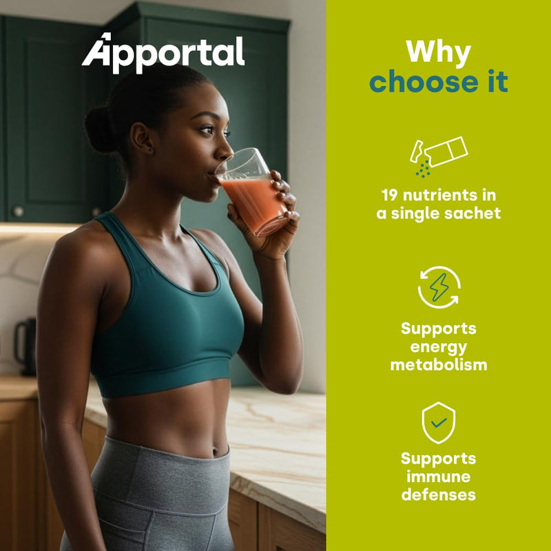Reduce Tiredness & Fatigue, Tonic Energetic, Food Supplement, Antioxidants, 19 Nutrients, Iron, VIT. C, D, B3, E, Magnesium, 14 Sachets, During Recovery or After Seasonal Illness, Apportal