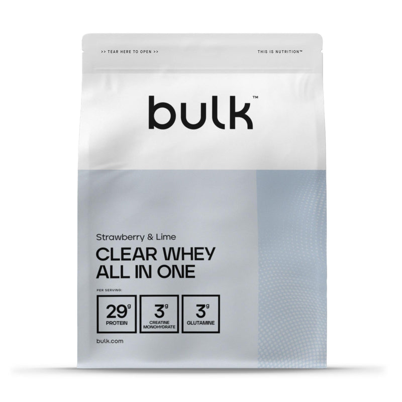 Bulk Clear Whey All in One, Protein Powder Shake with Creatine, Glutamine, BCAA, Carbohydrates, Strawberry & Lime, 500 g, 10 Servings, Packaging May Vary
