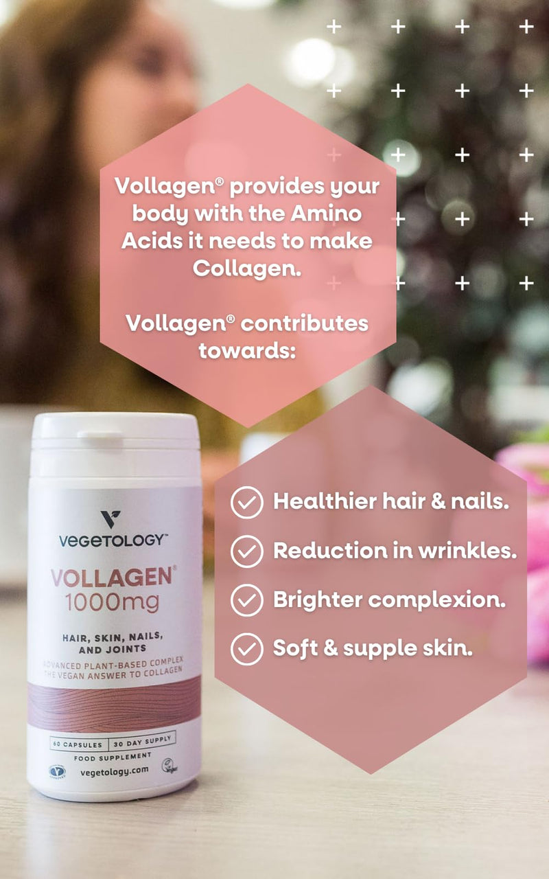 Vegetology Vollagen, Vegan Collagen Supplements for Women, and Men, Plant Based Complex, Amazing Skin Hair and Nails Vitamins, Vegetarian Protein, Joint Care, 1000mg, 60 Tablets, UK Made