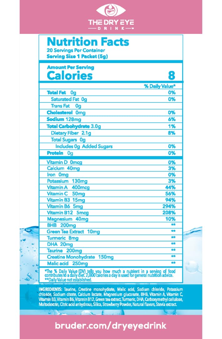 l Ultimate Hydration for Dry Eyes l Sugar-Free Electrolyte Powder Packets l Blended with Vitamins, Green Tea, Turmeric, Taurine, and DHA l 5g x 10 Packets (Strawberry Lemon)