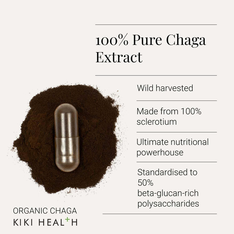 KIKI Health Premium Organic Chaga Mushroom Extract Vegetarians | Immune Support Vitality & Balance | Sourced Birch Trees & 50% Polysaccharides | Ethically Wild Harvested – 60 Vegetarians Capsules