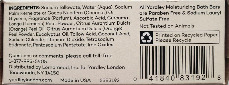 Yardley London Vitamin C Moisturizing Bath Bar With Tumeric and Orange Peel 4oz (Pack of 3)