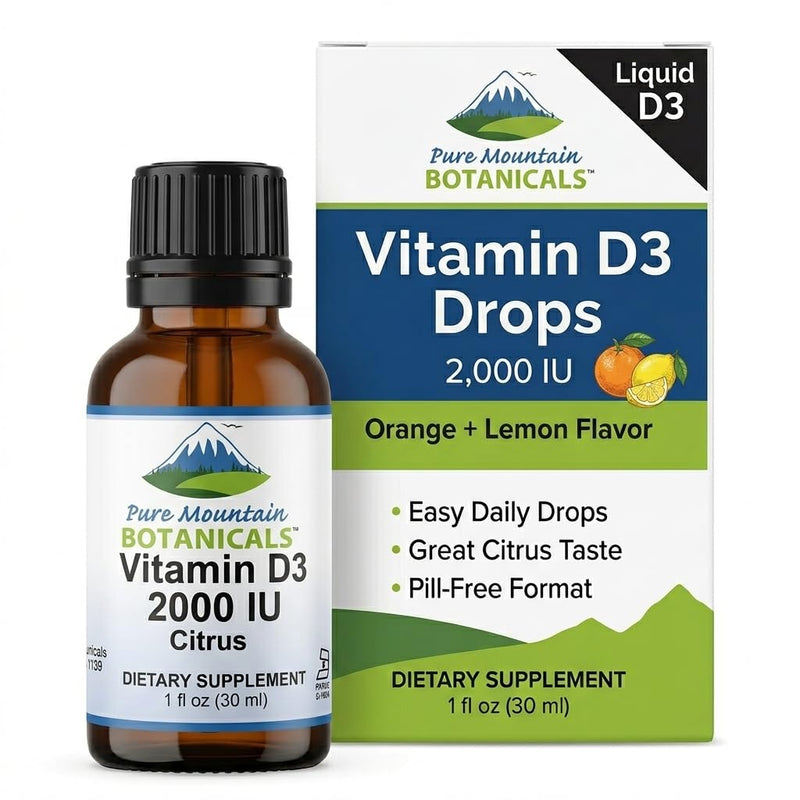Liquid Vitamin D Drops - 2000 IU Vitamin D3 Supplement - Natural Orange Lemon Flavor in MCT Oil - Pure D3 for Adults and Kids - 1 oz