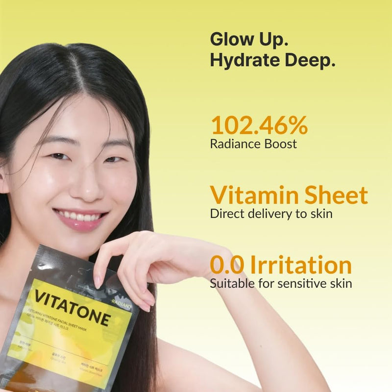 Vitatone Facial Sheet Mask, Hydrating Sheet Mask with Vitamin C to Soothe, Deeply Moisturize & Boost Radiance for a Healthy Glass Skin Glow, Flight Skincare (0.88 fl. oz x 5ea)