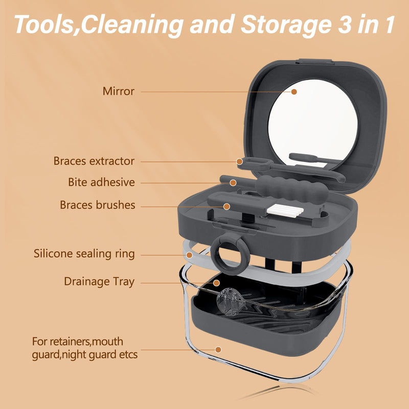 [Australia] - Retainer Case,Denture Case Retainer Cleaning Case, No-Leak Denture Bath Box Cup, Complete Clean Care for Dentures, Mouth Guard, Night Guard & Retainers with Mirror,Hook,Bite adhesive and Brush(Grey) Grey 
