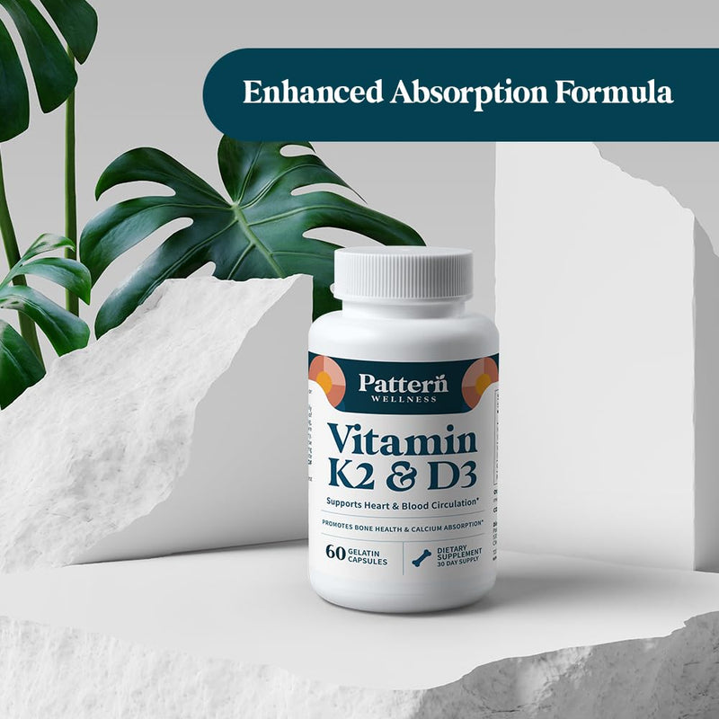 Pattern Wellness Vitamin K2 & D3 Supplement – 60 Capsules | 5000 IU Vitamin D3 & 100 mcg MK-7 – Includes Calcium & Phosphorus – Non-GMO Formula 60 Count (Pack of 1)