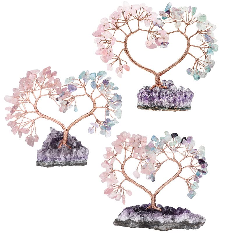 Handmade Crystal Heart Tree of Life on Amethyst Cluster Base Money Stone Tree for Wedding Reiki Healing Energy Home Office Indoor Decor, Rose Quartz and Fluorite #1- Rose Quartz & Fluorite