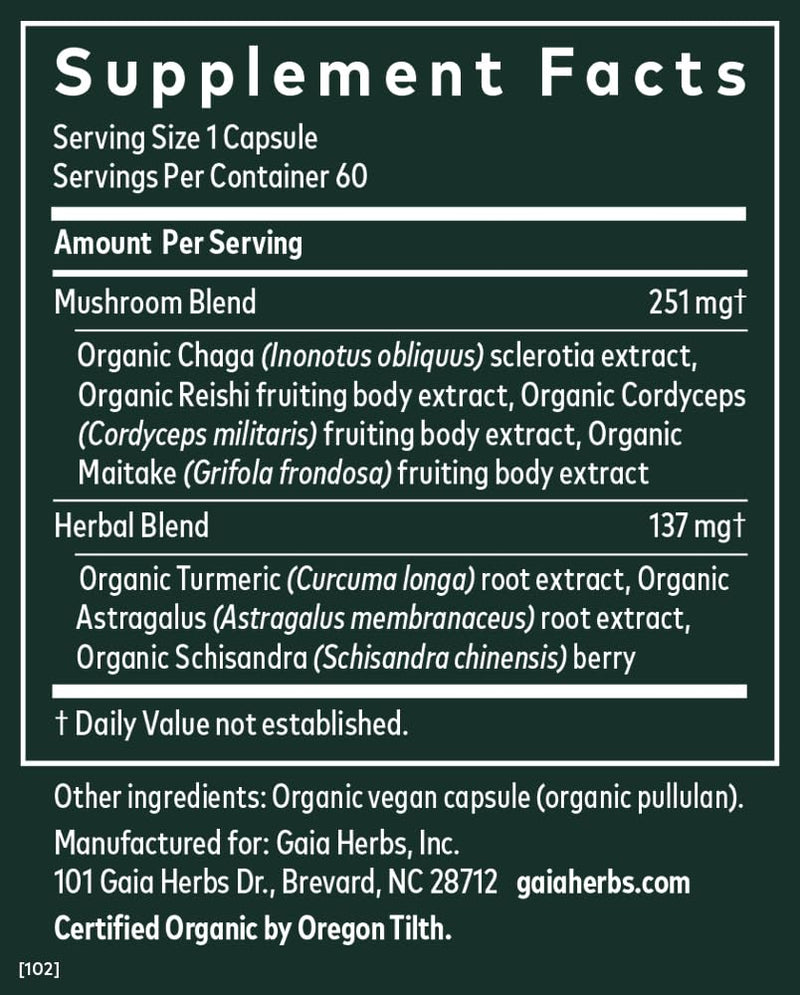 [Australia] - Gaia Herbs Everyday Immune Mushrooms&Herbs-Immune Support Supplement to Help Aid Overall Wellness* -with Turmeric Curcumin, Astragalus, Cordyceps, and Chaga Mushrooms-60 Vegan Capsules(30-Day Supply) 