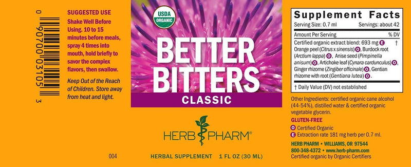 [Australia] - Herb Pharm Better Bitters Certified Organic Digestive Bitters, Classic, 1 Ounce 1 Fl Oz (Pack of 1) 