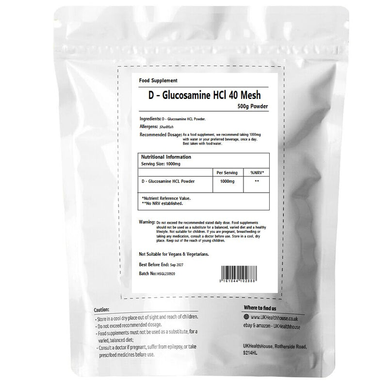 UKHealthHouse Glucosamine Hydrochloride Powder Joint and Cartillage Support Extra Strength 40 Mesh D-Glucosamine HCL Powder HCL Supplement (500g)