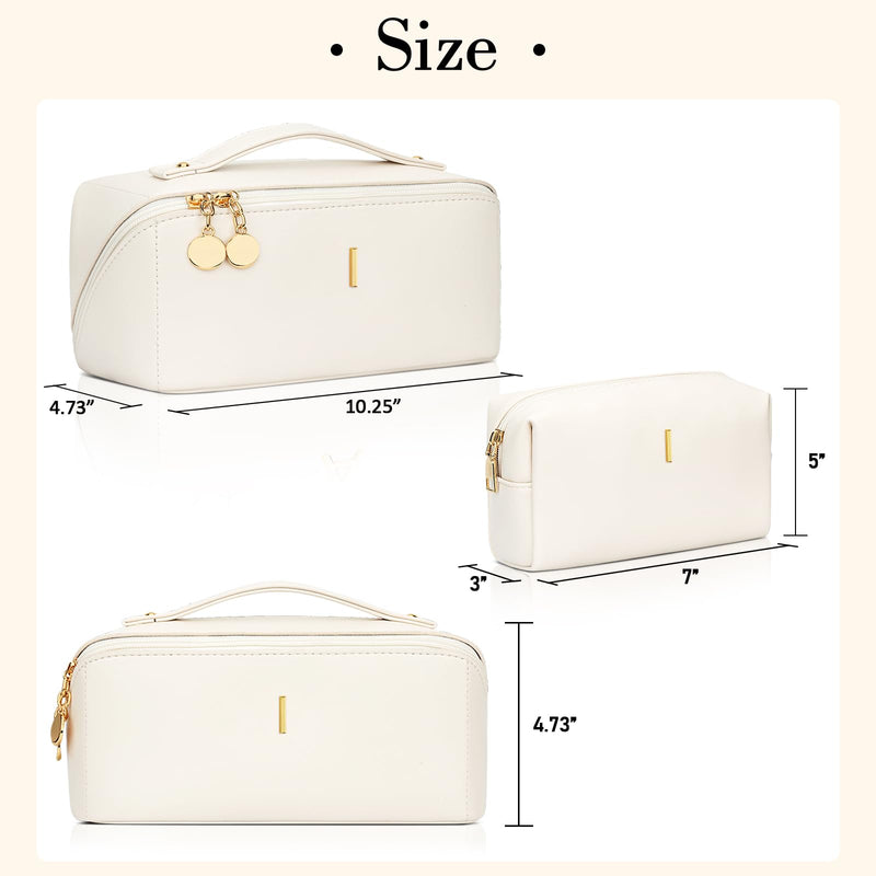 Initial Makeup Bag Personalized Gift for Women Teen Girls | Waterproof PU Leather, Open Flat Design Cosmetic Bag, Multiple Compartments Travel Toiletry Bag (Large Beige, I) Large Beige
