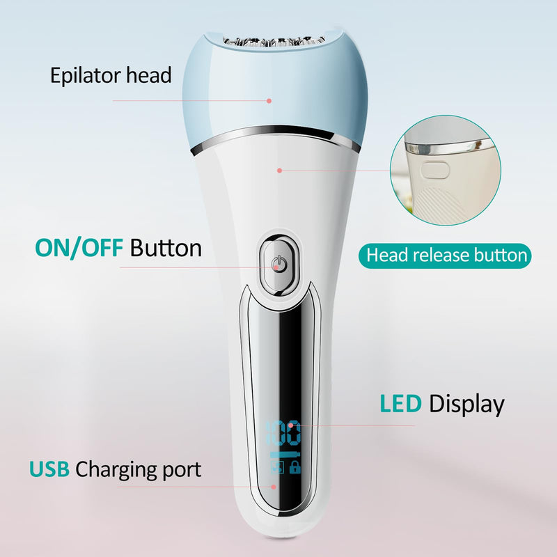 [Australia] - Epilator for Women, 6 in 1 Hair Removal Epilator, Shaver, Face Razor, Facial Brush, Face Massage and Body Exfoliator,IPX7 Waterproof Rechargeable Hair Removal for Women, 2 Speeds 