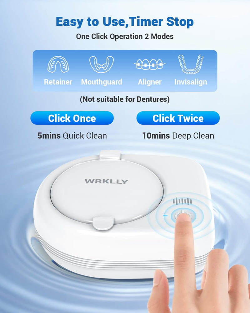 [Australia] - Rechargeable Ultrasonic Retainer Cleaner Machine | 50kHz 1.9 inch Ultra-Thin Portable | Night Guard Aligners Jewelry |6pcs Cleaner Tablets Included | Quick & Deep Clean Modes | Oral Dental Care White 
