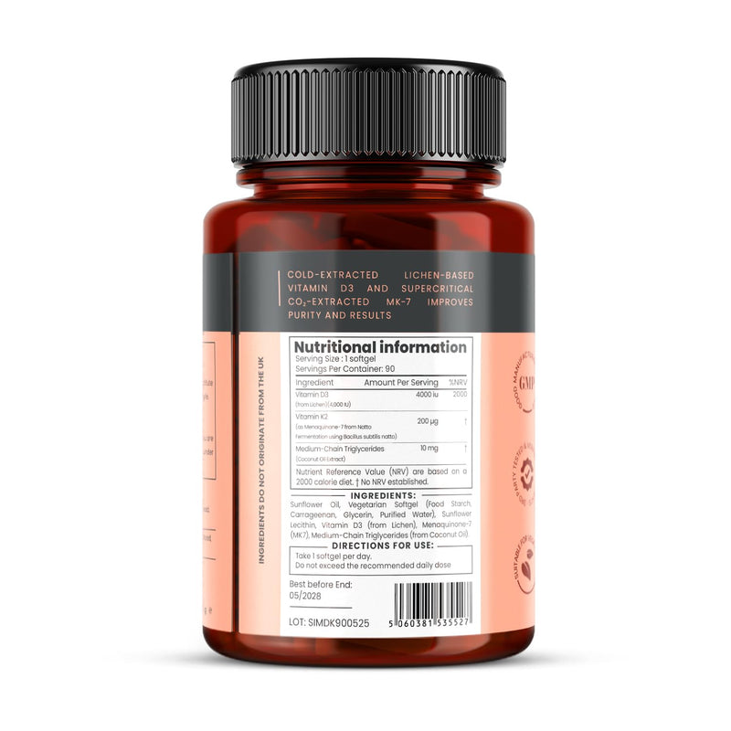 Double Strength Vitamin D3 + K2 (MK-7) – 4,000 IU D3 + 200mcg K2 x 90 Vegan Softgels – Plant-Based Lichen D3 & Natto MK-7 – Enhanced Absorption with MCT Oil - 3 Months Supply 90 count (Pack of 1)