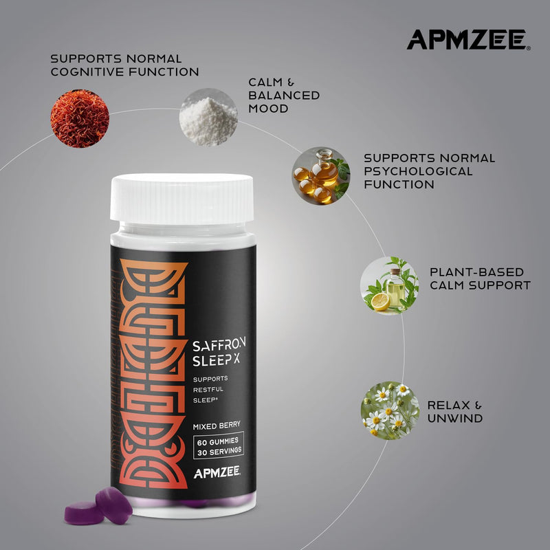 Sleep Gummies for Adults 60 x Mixed Berry Flavour | Night Time Gummies with Triple Botanical Calm Complex with 90mg Saffron Extract, Lemon Balm & Chamomile | Natural, Vegan & Sugar Free