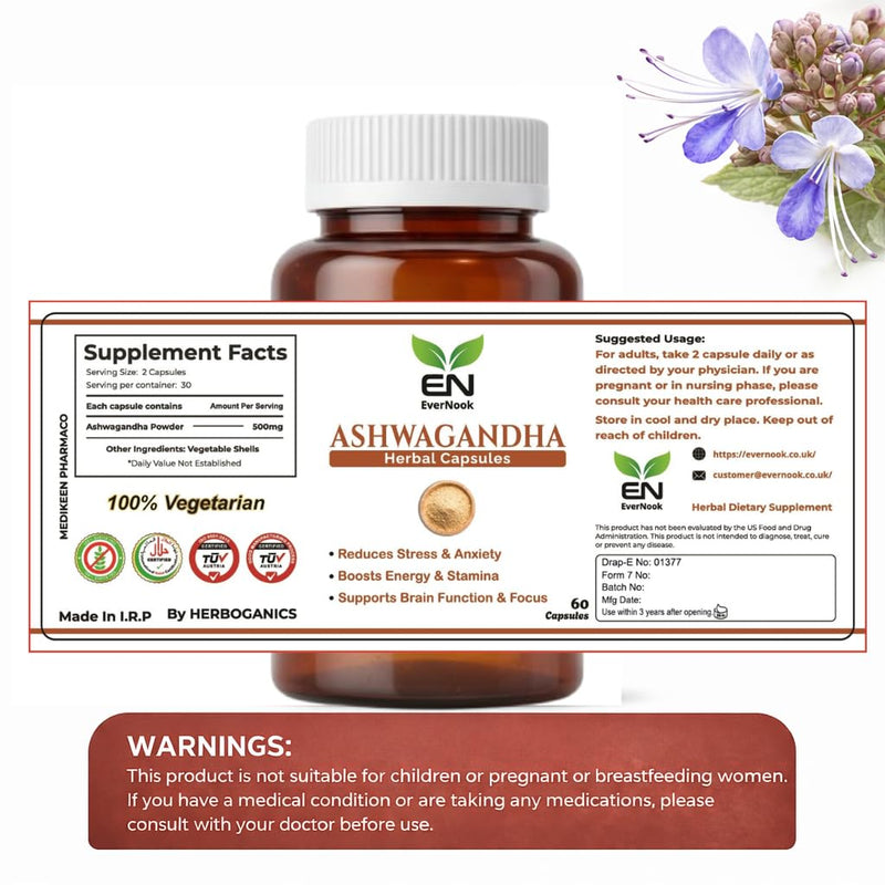 Ashwagandha Capsules 500mg – 60 Vegetarian Herbal Capsules – Natural Stress & Anxiety Support – Energy, Stamina & Focus Booster – Ayurvedic Herbal Supplement for Men & Women