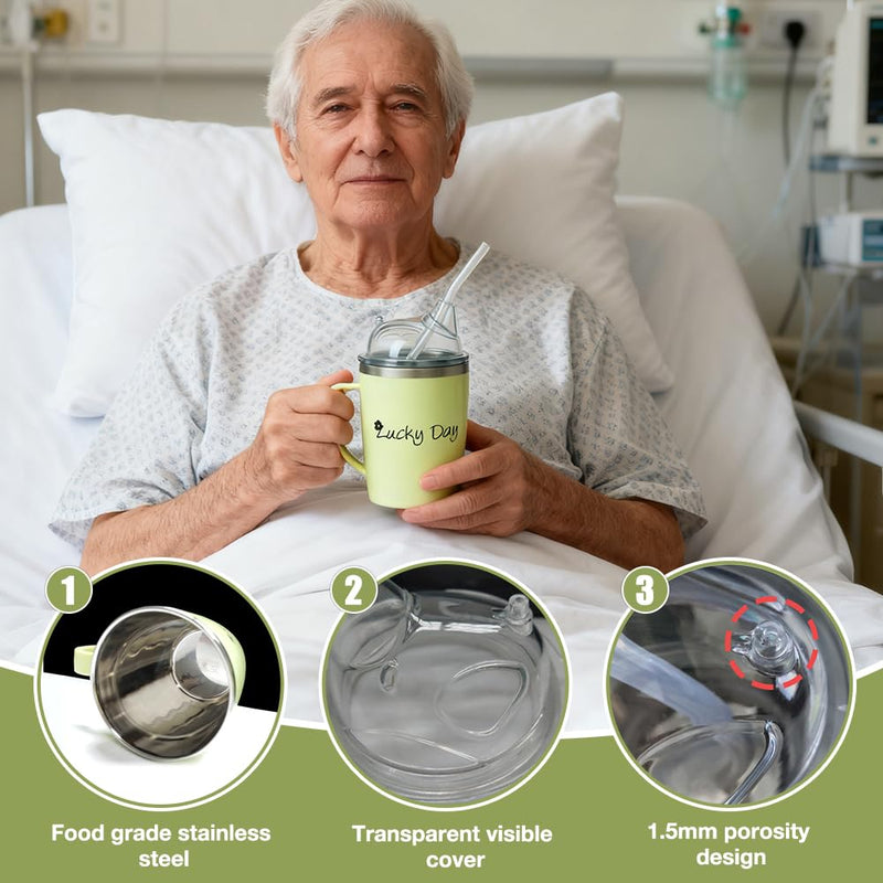 350ml Adult Sippy Cup, 3-in-1 Elderly Spill Proof Cups, Beakers for Elderly with Lid and 30cm Straw, Spill Proof Adult Sippy Cup with Handle,Stainless Steel Dysphagia Cups for Elderly Patient Green