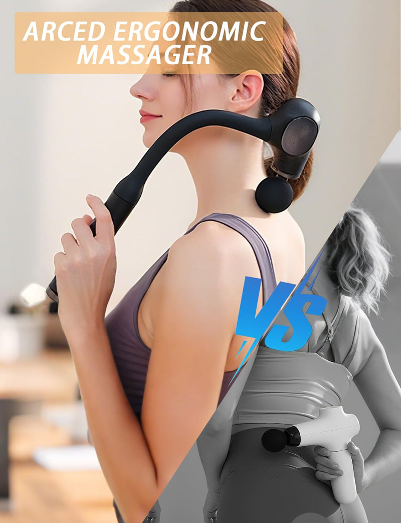 [Australia] - Deep Tissue Massage Gun with Bend Handle, 12MM Percussion, 4 Replaceable Heads, Less-Shock Design for Back, Neck, Foot, Leg, Shoulder 