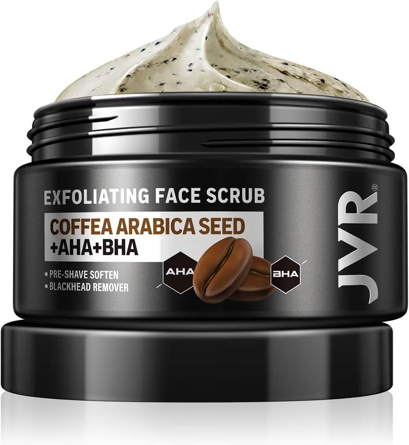 JVR Face Scrub for Men, Facial Scrub for Deep Exfoliating, Cleansing, Removing Blackheads, Ingrown Hair, Pre-shave Soften, Organic Formulated with Coffee Extract, AHA and BHA Face Exfoliator (4.23 oz) 4.23 Fl Oz (Pack of 1)