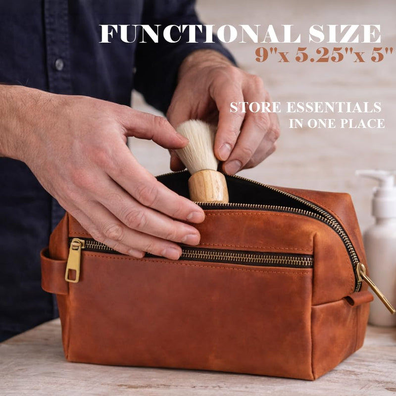 Leather Toiletry Bag for Men Handmade in USA – Full Grain Genuine Leather Dopp Kit with Waterproof Lining for Travel and Toiletries – Gifts for Men, Dad, Husband, Boyfriend, Friend