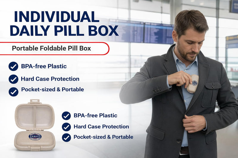 Arrigo Daily Pill Organizer for Small Medicine & Large Vitamins – Travel Friendly Portable Pill Case Box – Hard BPA-Free Plastic Compact Container for Carry-On, Pocket, Purse & Backpack (Beige) (1 Pack) Beige