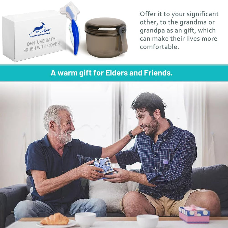 [Australia] - Denture Bath Case Box, Leak Proof Denture Cups for Soaking Full & Partial Dentures, Retainers,Dishwasher safe,with Hard Denture Brush & Denture Toothbrush Cover (Transparent Black) transparent black 