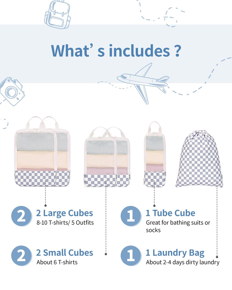 Narwey 6 Set Compression Packing Cubes with Clear Makeup Bag