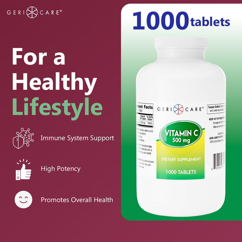 GeriCare Vitamin C 500 mg, Antioxidant, Immune System Support, Nutritional Supplement Tablets, 1000 Count (Pack of 1) 1000 Count (Pack of 1) 500mg