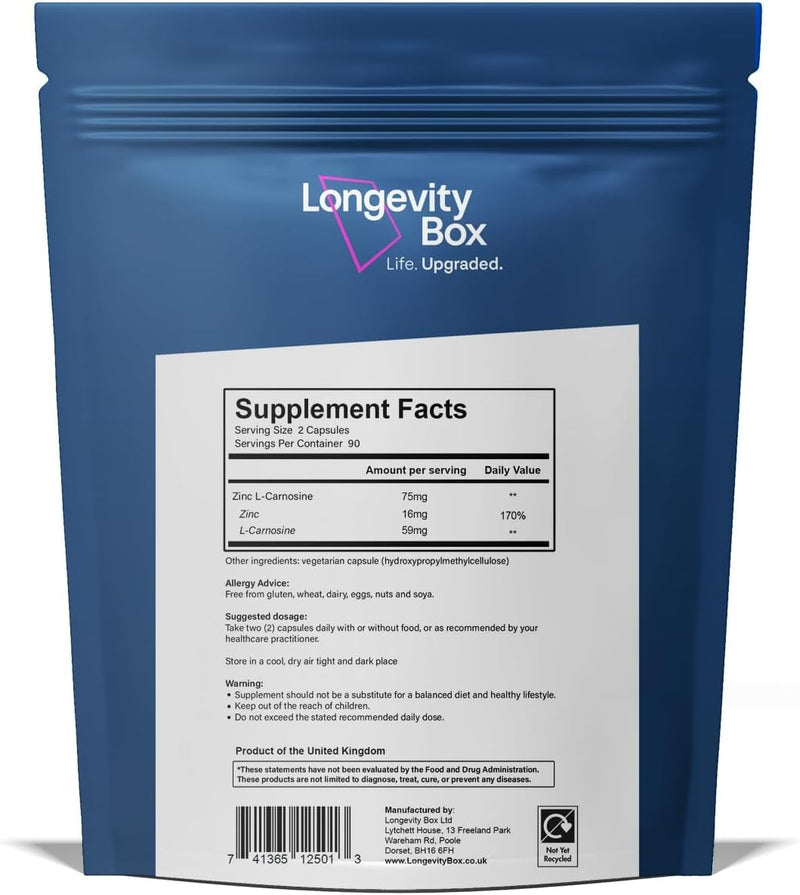Zinc L-Carnosine Supplement - 75mg x 180 Capsules of Maximum Bioavailable Zinc L-Carnosine 2 Per Serving, Supports Gut Health, Nutrient Absorption, Digestive Comfort - 3 Months Supply 180 count (Pack of 1)