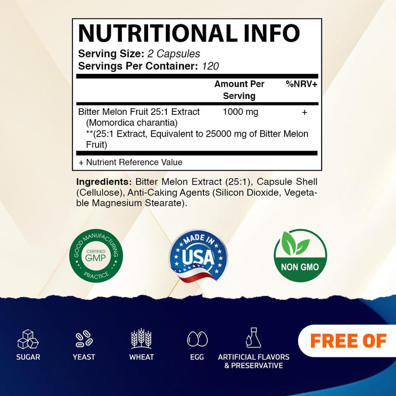 Vitamatic Bitter Melon- 25000 mg Equivalent Per Serving (from 25:1 Extract 1000 mg)- 240 Vegetarian Capsules, and Concentrated 25X Potency 100% Vegetarian, All-Natural and Non-GMO