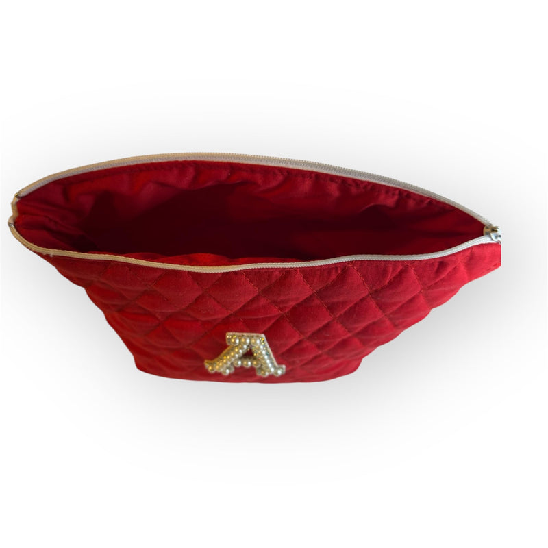 Handmade Red Quilted Cosmetic Bag with Monogram Letter “A”, Cotton Makeup Pouch, Personalized Travel Organizer, Gift for Women, 9x6x3.5 in, White Tassel