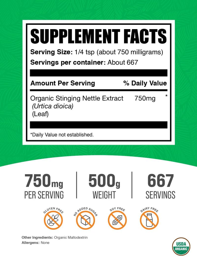 [Australia] - BulkSupplements.com Organic Stinging Nettle Extract - from Stinging Nettle Leaf, Nettle Supplement - Vegan & Gluten Free, 750mg per Serving, 500g (1.1 lbs) (Pack of 1) 1.1 Pound (Pack of 1) 
