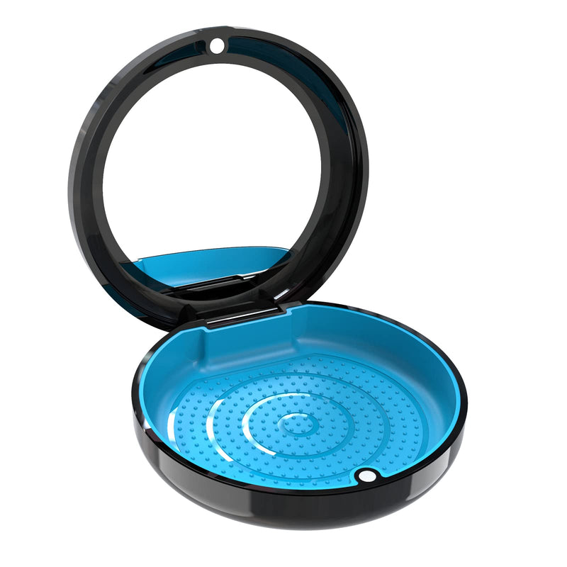 BVN Retainer Case with Mirror Denture Case Orthodontic Dental Case, Braces Case, Mouth Guard Case, Teeth Aligner Case, Night Guard Case Container Storage Holder Black. Circular case with mirror Black Shell+blue Silicone Pad
