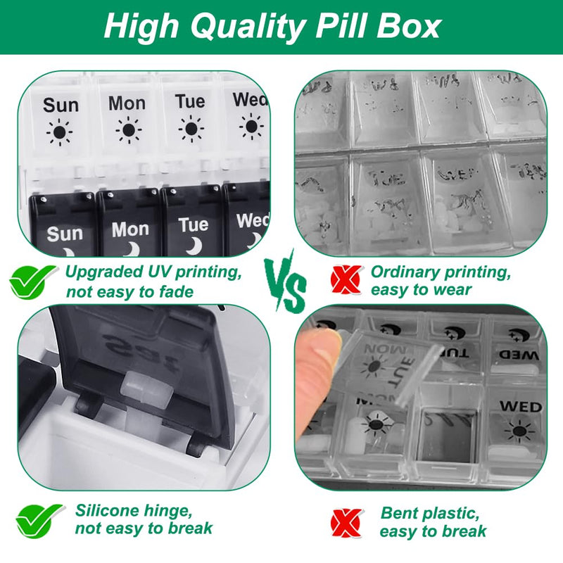 Shintop Weekly Pill Organizer 2 Times a Day, 7 Day Am Pm Pill Box | Arthritis-Friendly Push Buttons, Removable Lid, 14 Large Compartments for Vitamins and Fish Oil, BPA-Free PP, Silicone Hinges Black&white