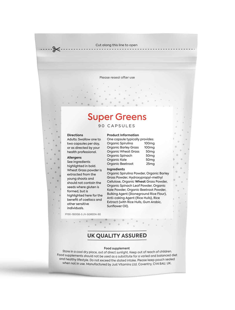 Vegan Super Greens Complex | 90 Capsules | 14 Nutrient-Rich Superfoods | Energy, Immunity & Digestion Support | Non-GMO, No Fillers | UK Made - Just Vitamins
