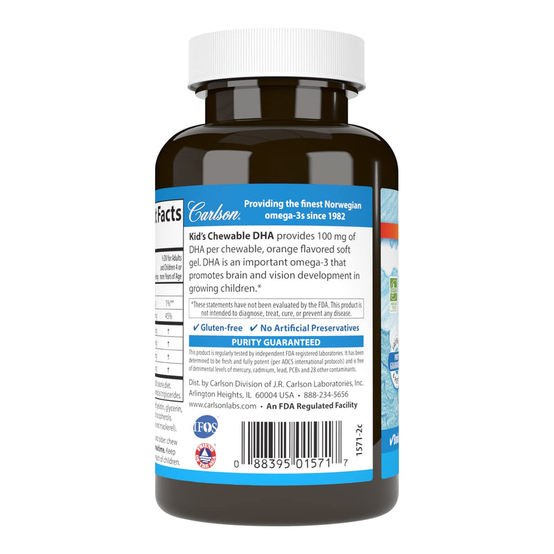 Carlson Kid's Chewable DHA, 100 mg, DHA, From Norway, 120 Chewable Softgels | Orange; Growth and Development; Wild Caught; Sustainably Sourced; Non-GMO 120 Count (Pack of 1)