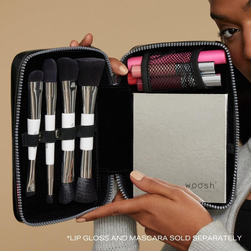 Woosh Fold out Case | Fashionable Makeup and Brush Case | Hard sided for travel and on to go | fits palette and brushes | Zips up for secure travel (Black) Black