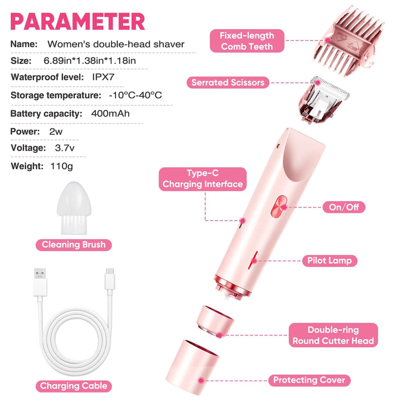 [Australia] - 2025 Glow Aura Womens Shaver, 2-in-1 Women's Body Shaver, Dual Head Bikini Electric Razor for Women, IPX67 Waterproof Wet & Dry Use Body Hair Trimmer (Pink) 