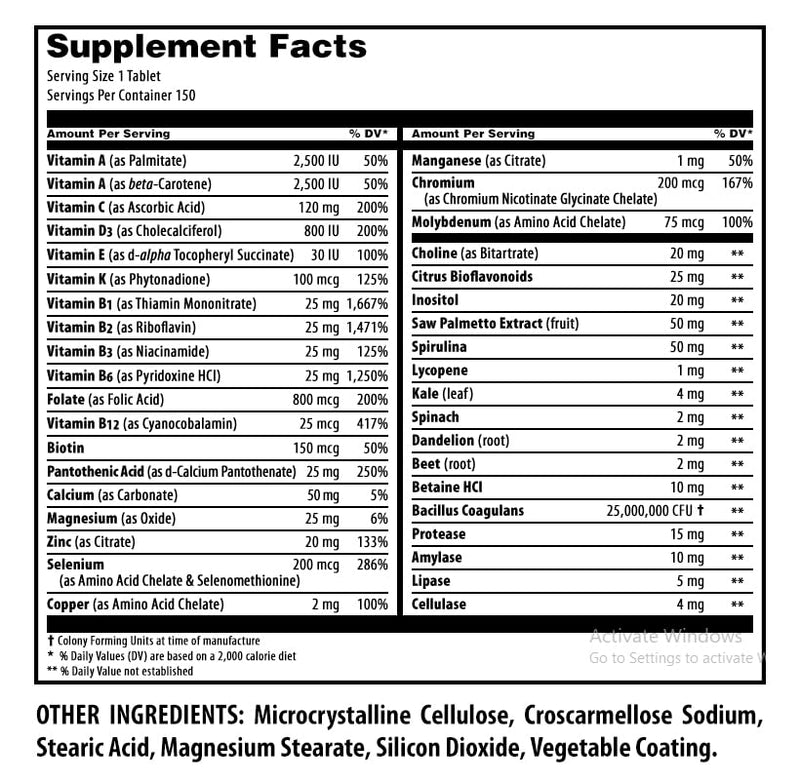Amazing Formulas Men's One Multivitamin Supplement | Food Based | 150 Tablets | Perfect Blend of Vitamins, Minerals & Probiotics | Non-GMO | Gluten-Free | Made in USA Unflavored 150 Count (Pack of 1)