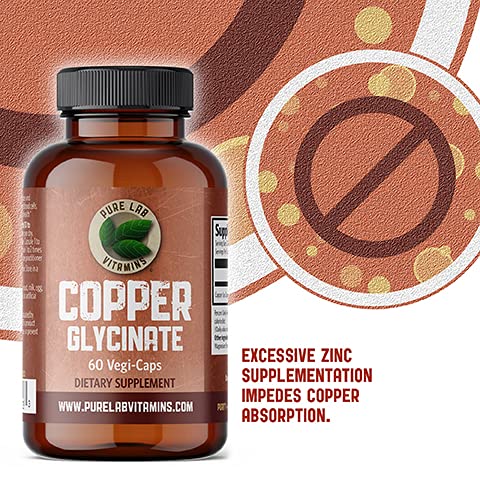 [Australia] - Pure Lab Vitamins Copper Glycinate Mineral Supplement -1 mg - 60 Vegan Caps Essential for Collagen Production, Supports Immune System & Red Blood Cell Formation - Gluten Free Made in Canada 