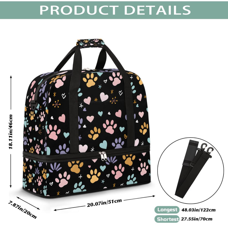 Weekender Bag for Women Man, Paw Prints Foldie Travel Duffel Bag with Shoe Compartment, Carry on Overnight Bag Sports Gym Bag for Airplanes Yoga Dance Beach Swim Hospital A-007
