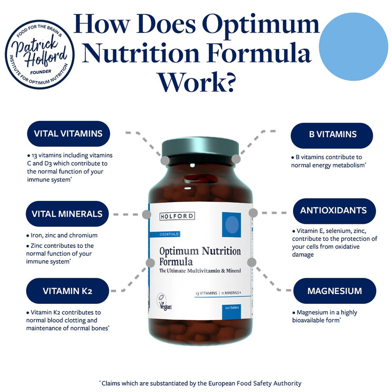 Patrick HOLFORD Optimum Nutrition Formula/The Ultimate, Multi-Vitamin & Mineral Supplement/for Daily & Long-Term Health / 24 Nutrients/Naturally Sourced / 120 Tablets/Vegan/for Women & Men