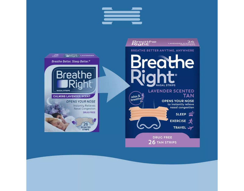 [Australia] - Breathe Right Calming Lavender Scented Drug-Free Nasal Strips for Nasal Congestion Relief, 6 Pack of 26, 156 Count Total 