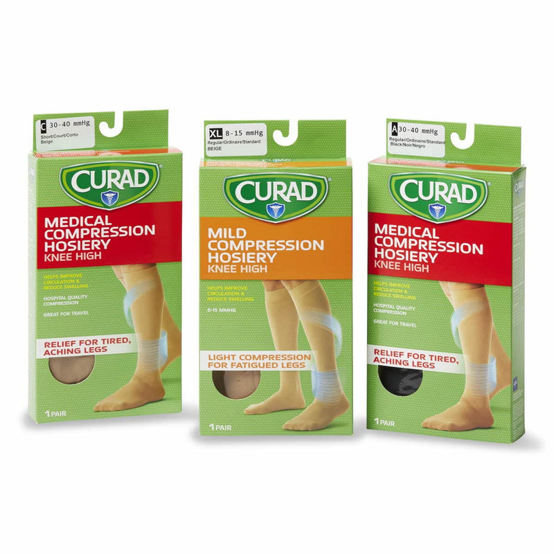 CURAD Knee High Compression Hosiery, 20-30 mmHg, Tan, Size A (S), Ideal for Varicose Veins & Edema Relief